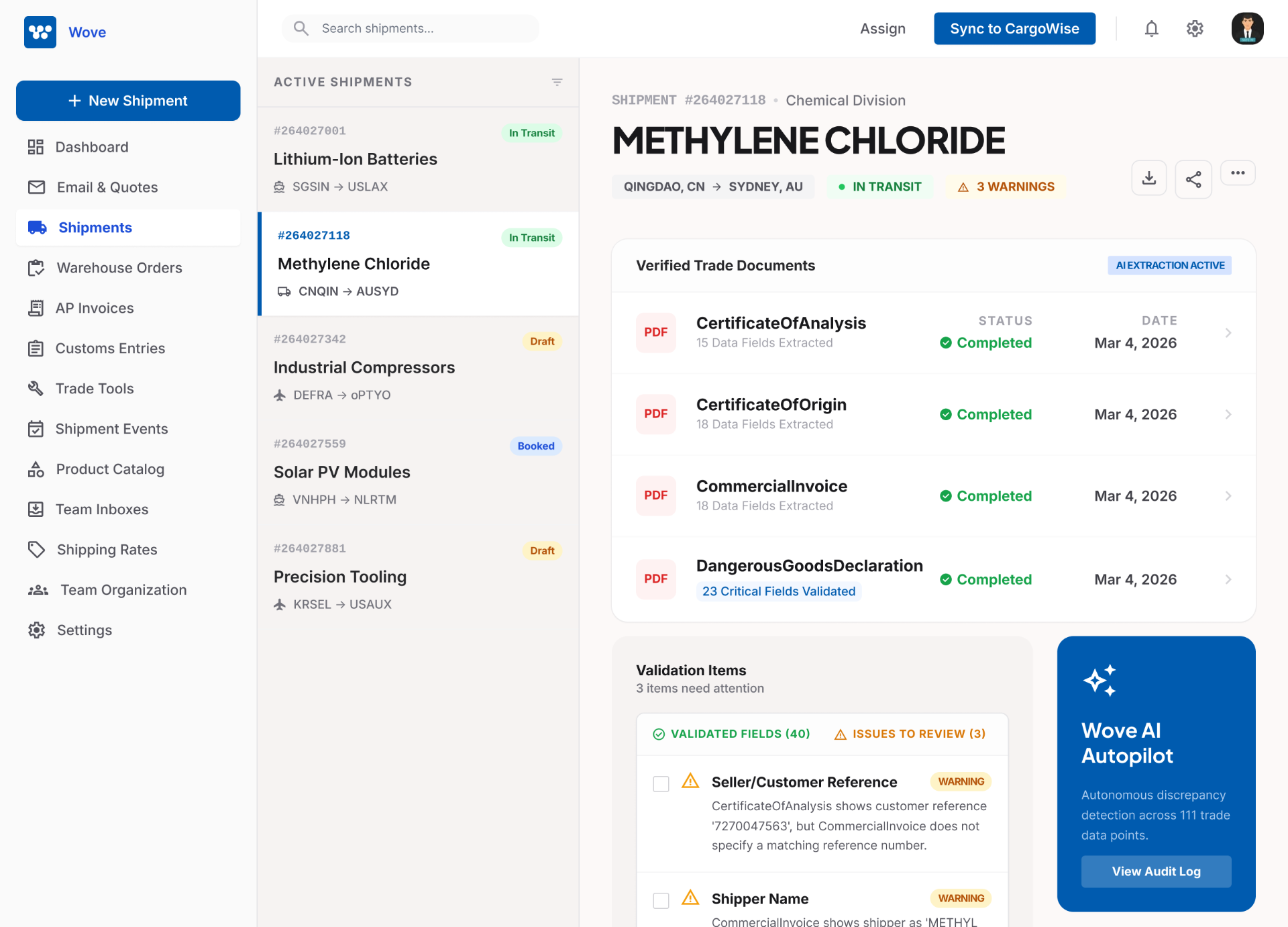 Wove shipment validation and document processing