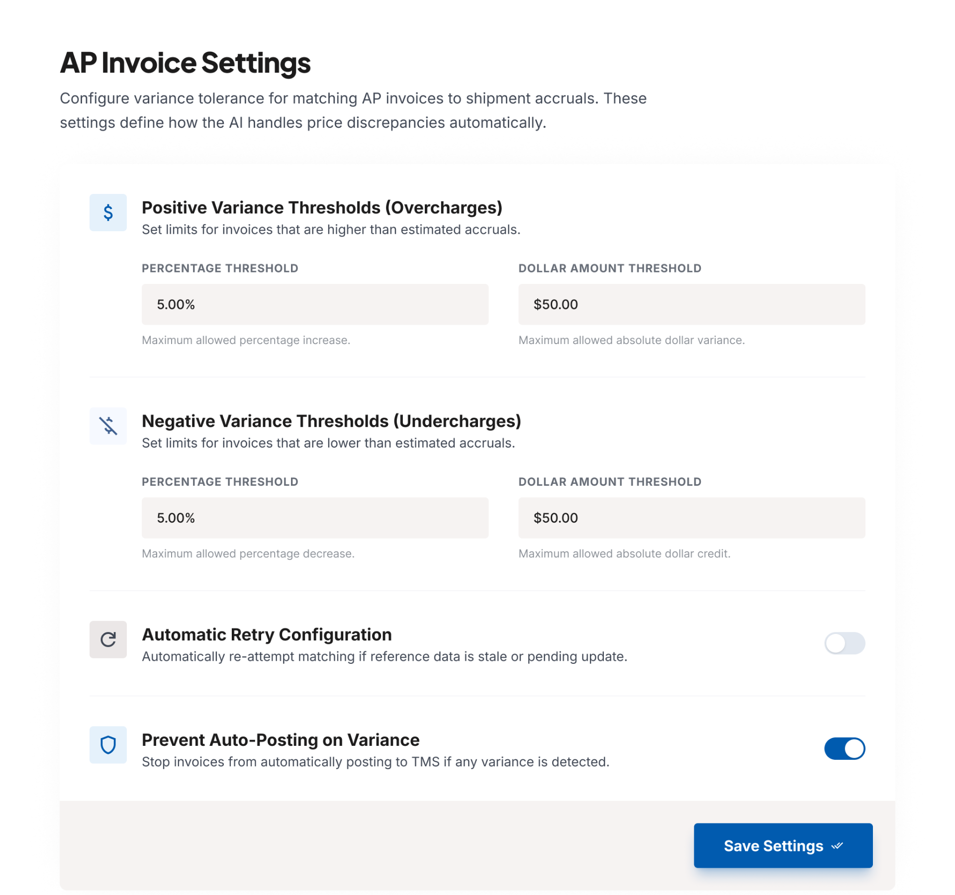 Wove AP Invoice Settings showing configurable variance thresholds and automatic retry rules