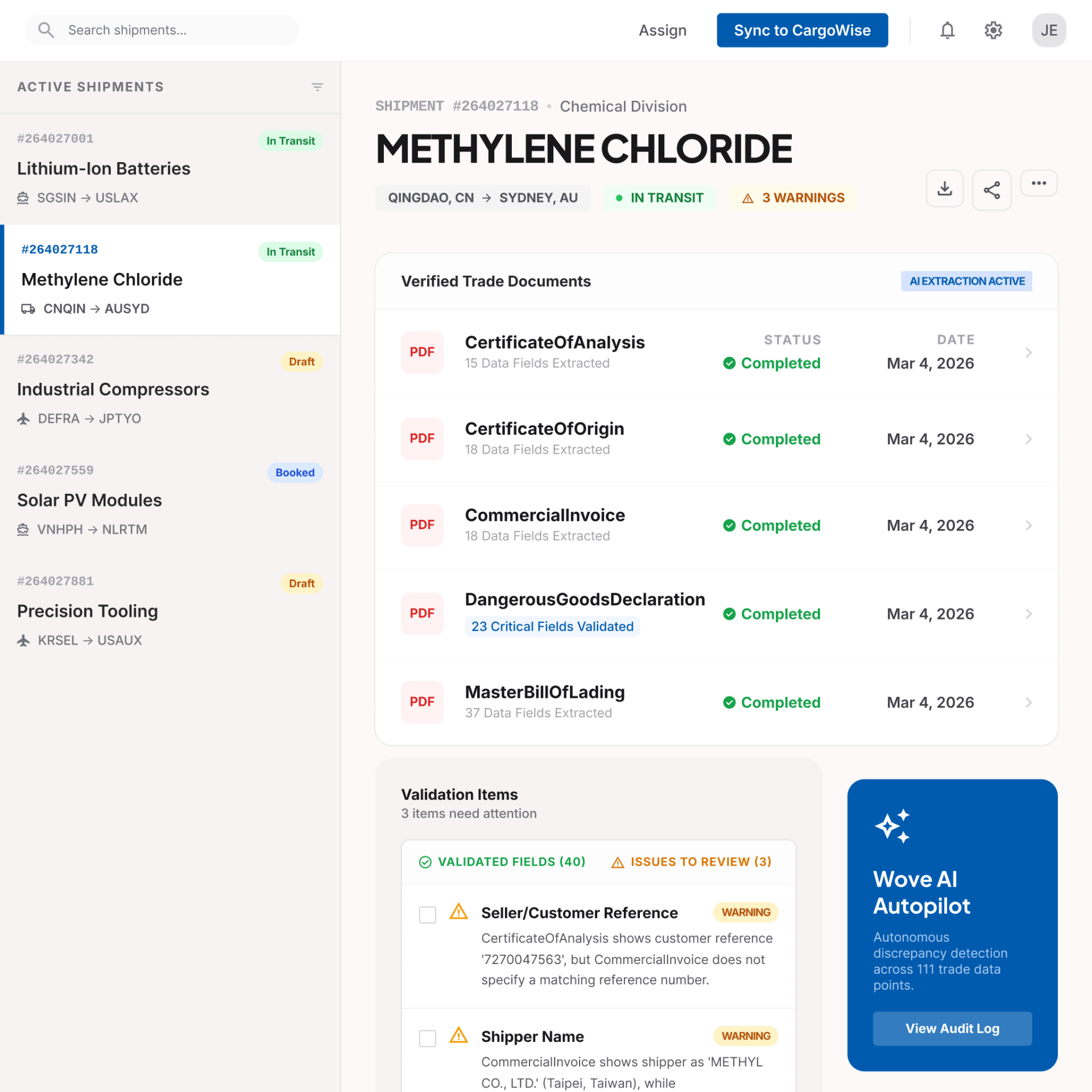 Wove shipment validation dashboard showing verified trade documents and AI-powered discrepancy detection